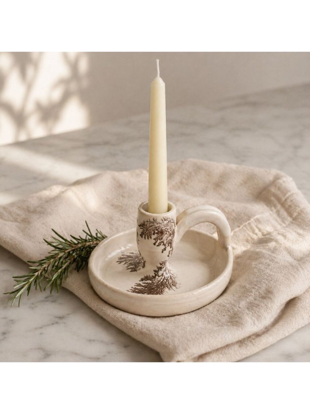 Handmade Studio Pottery Candle Holder with Handle, Neutral Ceramic Fern Design,